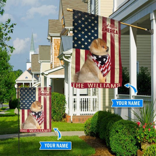 THF0193 Pomeranian God Bless America Personalized Flag