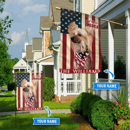 THF0214 Chinese Crested Dog God Bless America Personalized Flag
