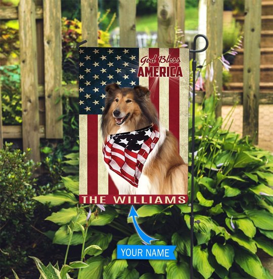THF0229 Rough Collie God Bless America Personalized Flag