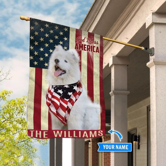 THF0230 Samoyed God Bless America Personalized Flag
