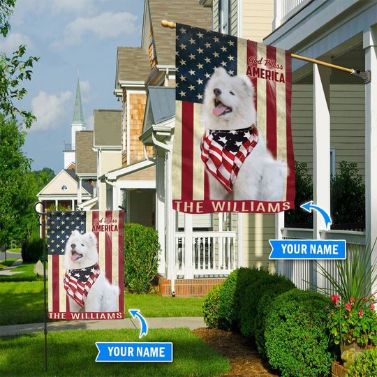 THF0230 Samoyed God Bless America Personalized Flag