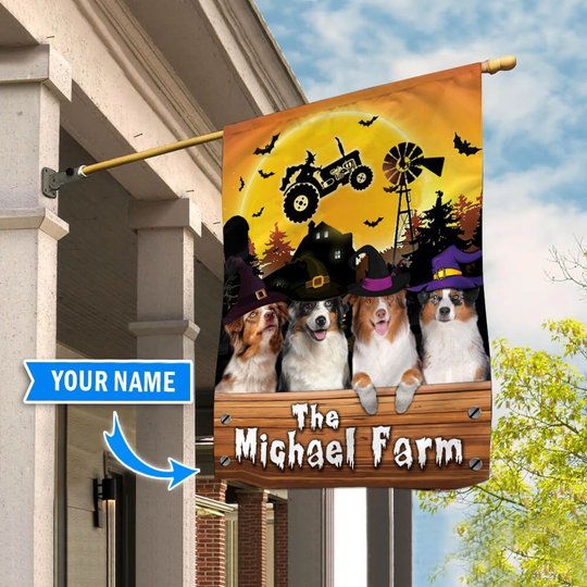 TUF1102 Australian Shepherd Halloween Farm Personalized Flag