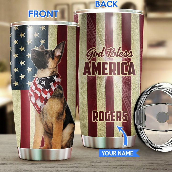 THU0176 German Shepherd God Bless America Personalized Stainless Steel Tumbler