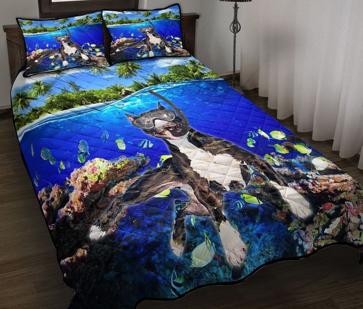 DIEDOG2307004-DIQDOG2307004 Boston Terrier DIVING Quilt Bed Set & Quilt Blanket