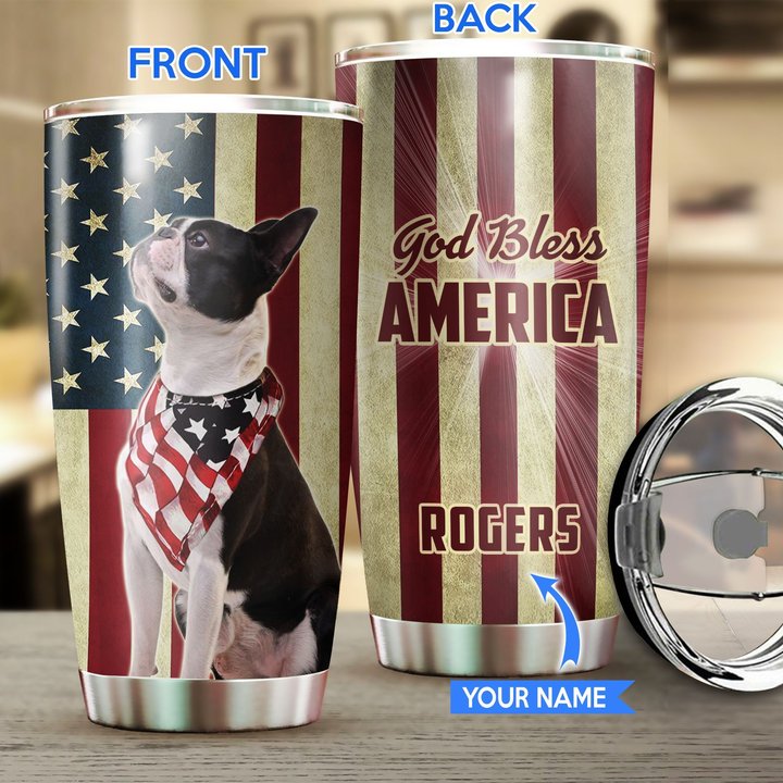 THU0171 Boston Terrier God Bless America Personalized Stainless Steel Tumbler