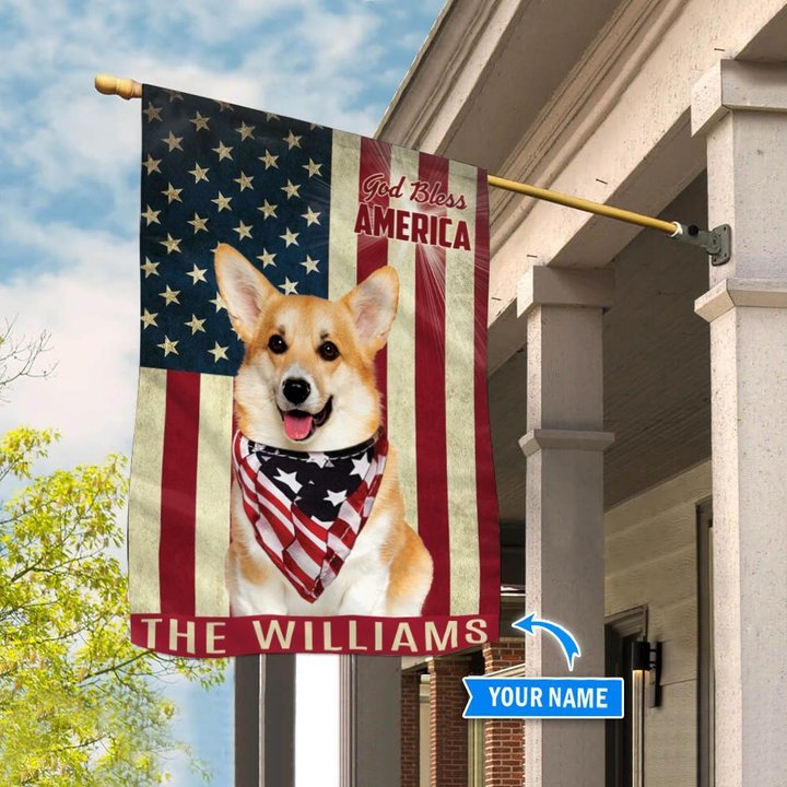 THF0168 Corgi God Bless America Personalized Flag