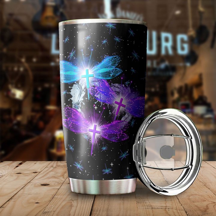 BIU0401 Dragonfly With Christian Cross Stainless Steel Tumbler