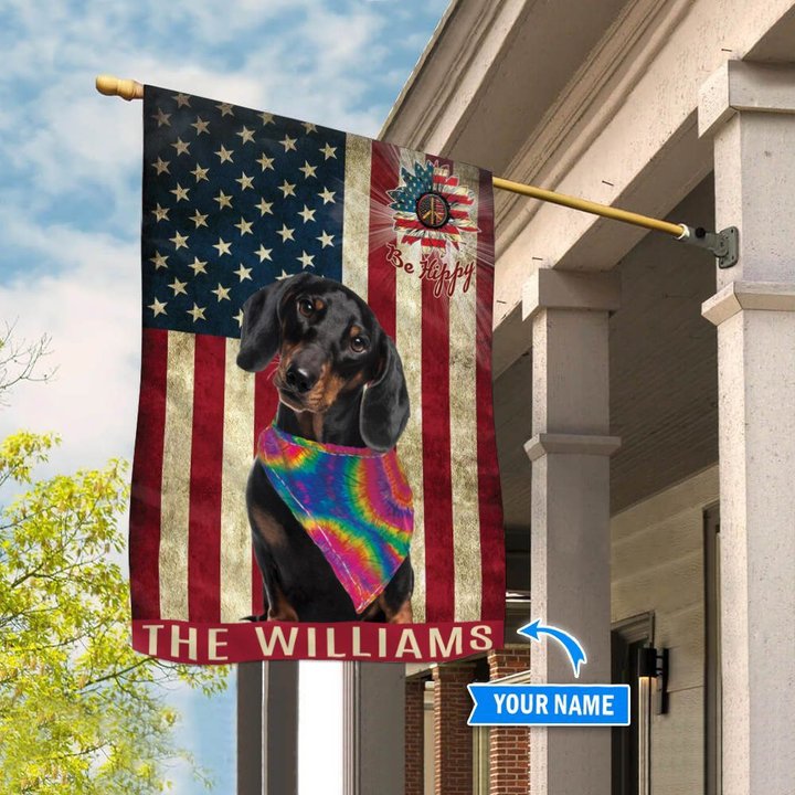 MHFCHO211 Black Dachshund Hippie Personalized Flag