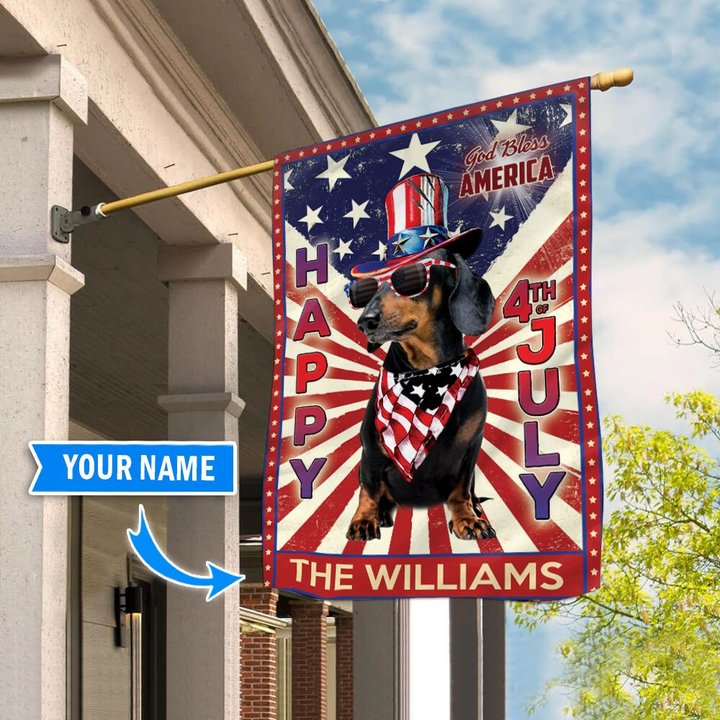 DIF6006-BLACK Dachshund God bless america - 4th of july Personalized Flag