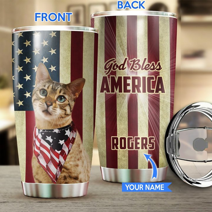 THU0180 Bengal Cat God Bless America Personalized Stainless Steel Tumbler