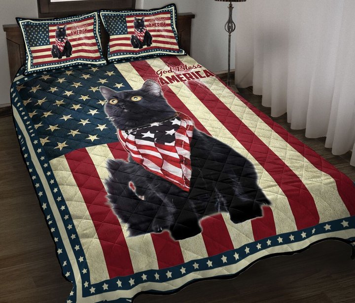 Black Cat God Bless America Quilt Bed Set & Quilt Blanket