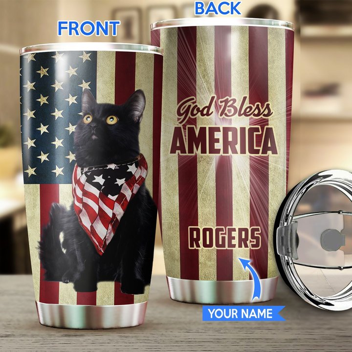 THU0169 Black cat God Bless America Personalized Stainless Steel Tumbler