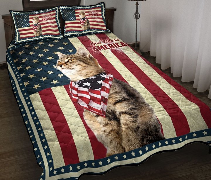 Cat God Bless America Quilt Bed Set & Quilt Blanket