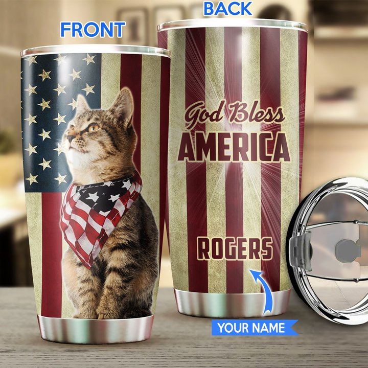 THU0173 Cat God Bless America Personalized Stainless Steel Tumbler