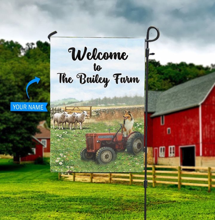 BIF20072210 Rough Collie Sheep Welcome Red Tractor Personalized Flag