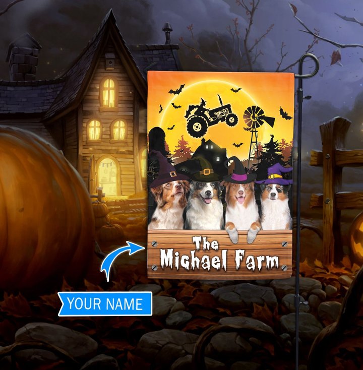 TUF1102 Australian Shepherd Halloween Farm Personalized Flag