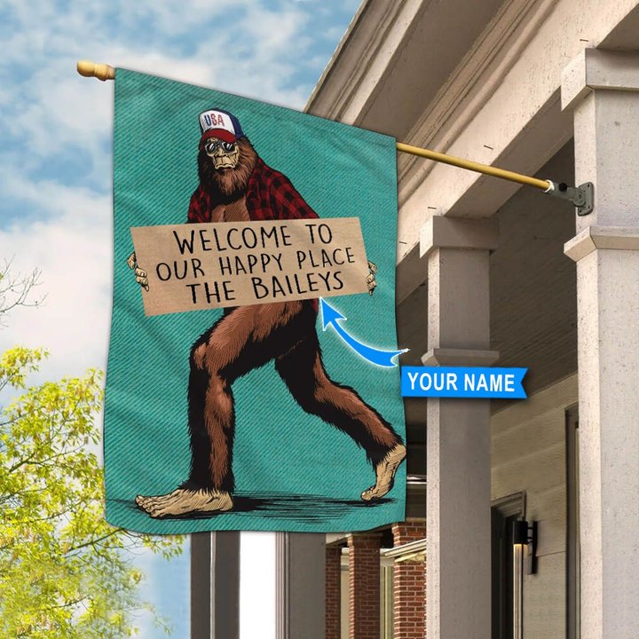 THF20080103 Bigfoot-Welcome to our happy place Personalized Flag