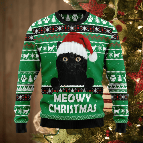 Meowy Black Cat Ugly Christmas Sweater