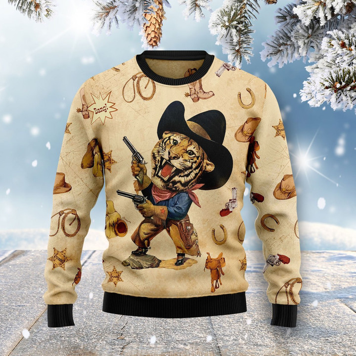 Cowboy Tiger Ugly Christmas Sweater