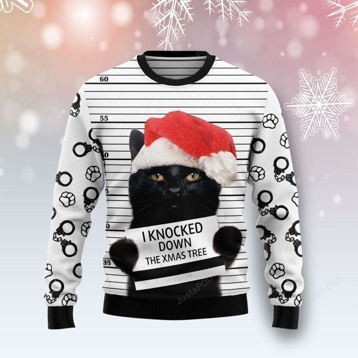 Black Cat Knocked Down Ugly Christmas Sweater