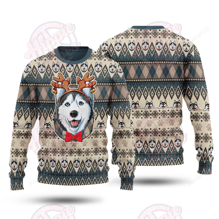 Husky Reindeer Horn Ugly Christmas Sweater