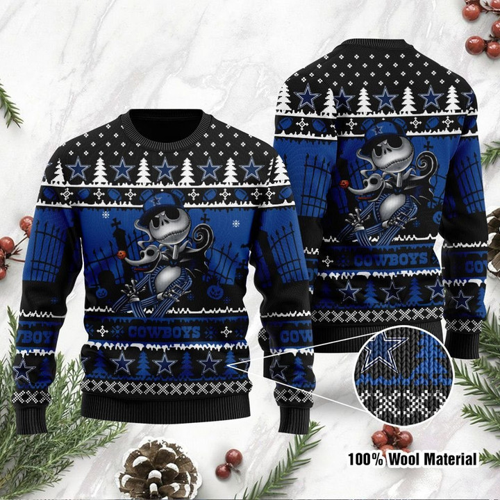 Dallas Cowboys Jack Skellington Halloween Holiday Party Ugly Christmas Sweater