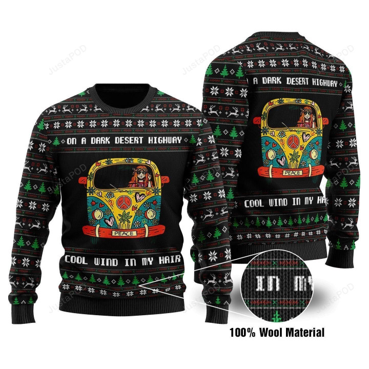 On A Dark Desert Highway Cool Wind In My Hair Girl On Car Ugly Christmas Sweater