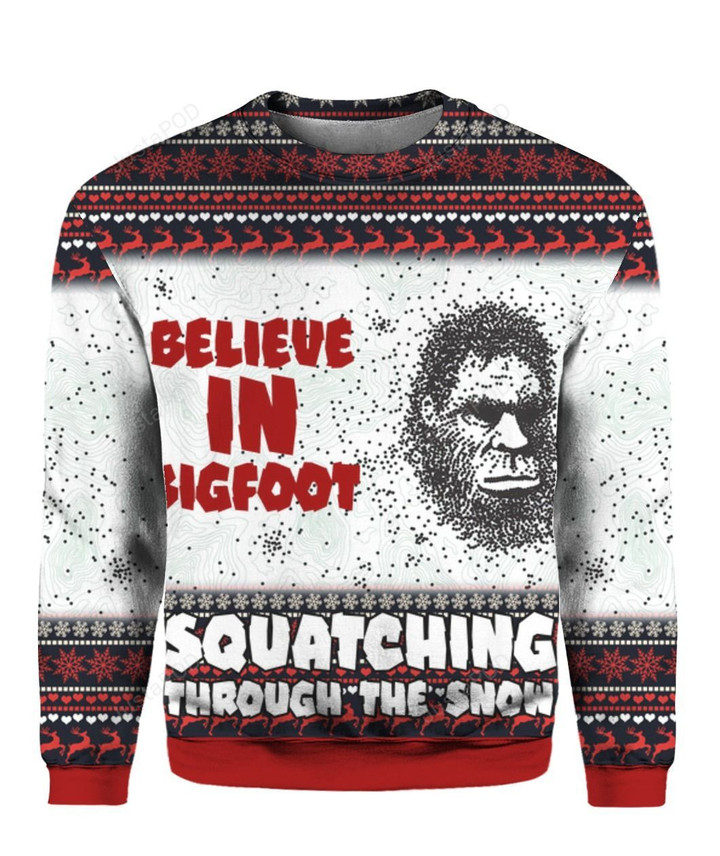 Believe In Bigfoot Squat Ching Through The Snow 3D Ugly Christmas Sweater
