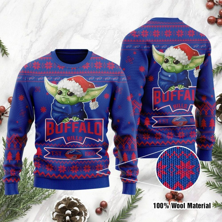 Buffalo Bills Cute Baby Yoda Grogu Ugly Christmas Sweater