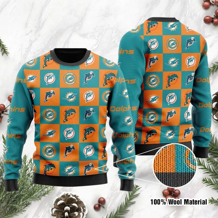 Miami Dolphins Logo Checkered Flannel Design Ugly Christmas Sweater