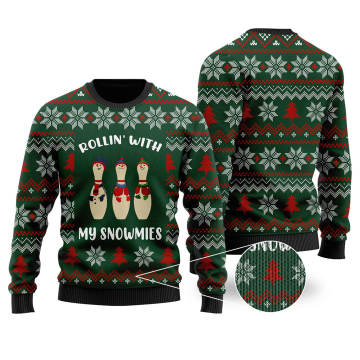 Bowling Rollin With My Snowmies Noel Pattern For Bowlers Sport Lovers Ugly Christmas Sweater