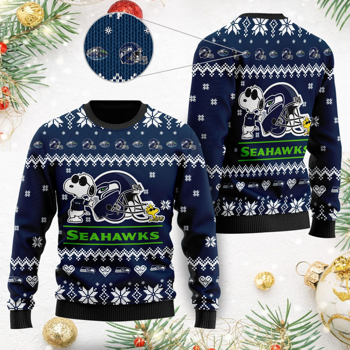 Seattle Seahawks Cute The Snoopy Show Football Helmet 3D Ugly Christmas Sweater