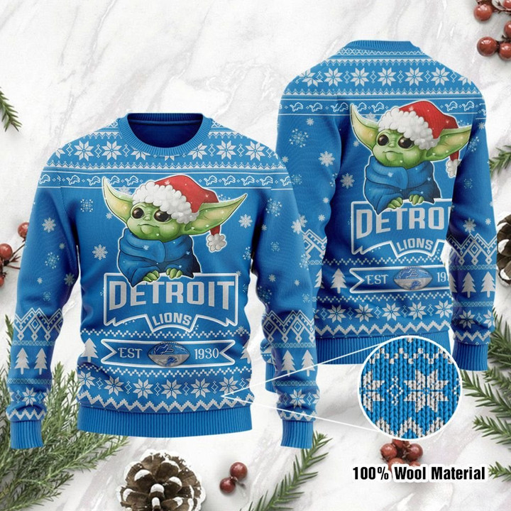 Detroit Lions Cute Baby Yoda Grogu Holiday Party Ugly Christmas Sweater