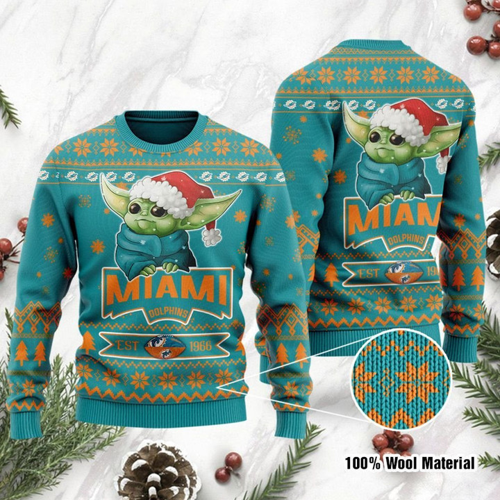 Miami Dolphins Cute Baby Yoda Grogu Holiday Party Ugly Christmas Sweater