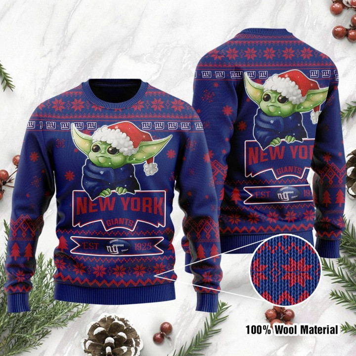 New York Giants Cute Baby Yoda Grogu Holiday Party Ugly Christmas Sweater