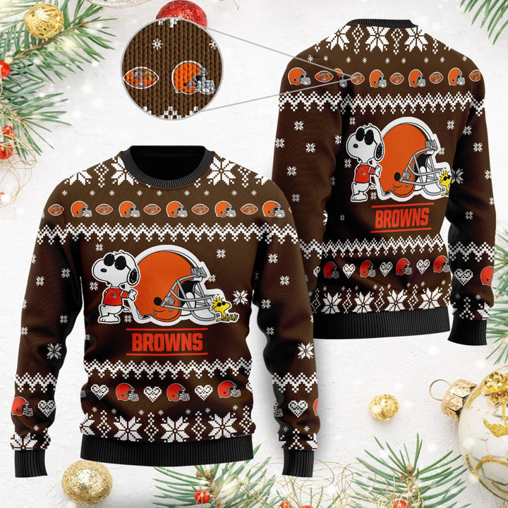 Cleveland Browns Cute The Snoopy Show Football Helmet 3D Ugly Christmas Sweater
