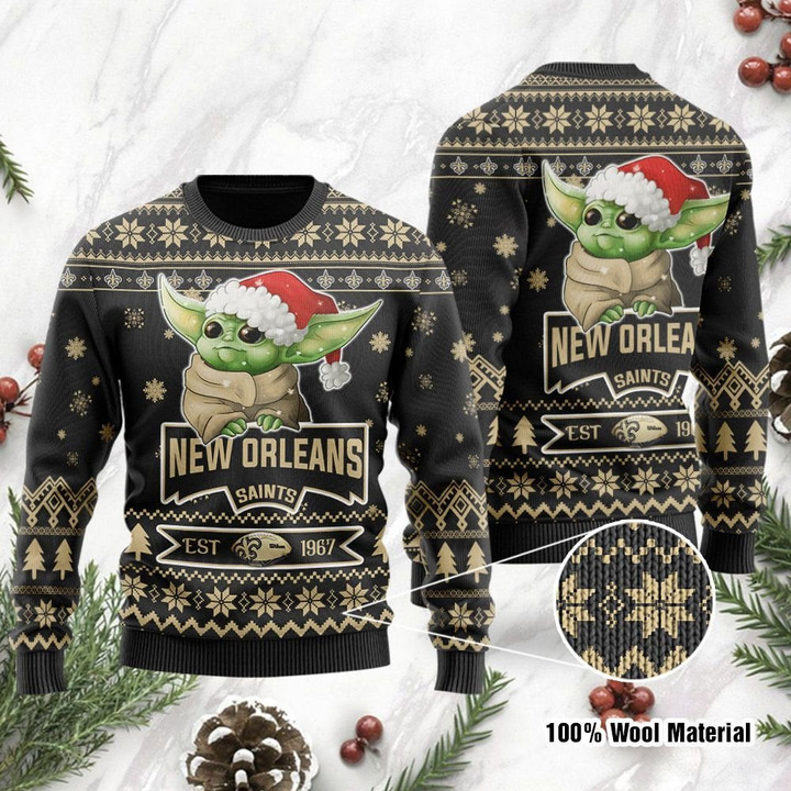 New Orleans Saints Cute Baby Yoda Grogu Holiday Party Ugly Christmas Sweater