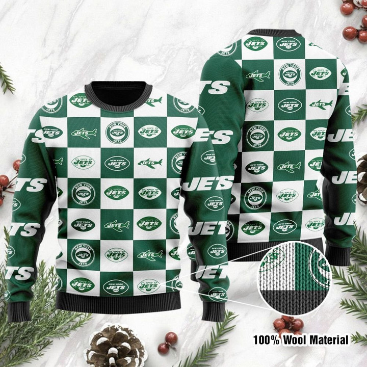 New York Jets Logo Checkered Flannel Ugly Christmas Sweater