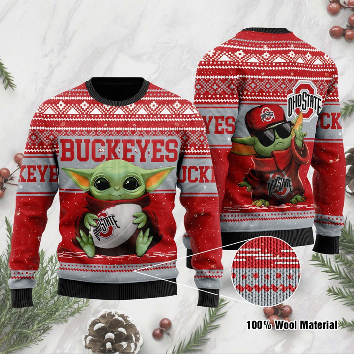 Ohio State Buckeyes Grogu Baby Yoda Hug Logo Ugly Christmas Sweater