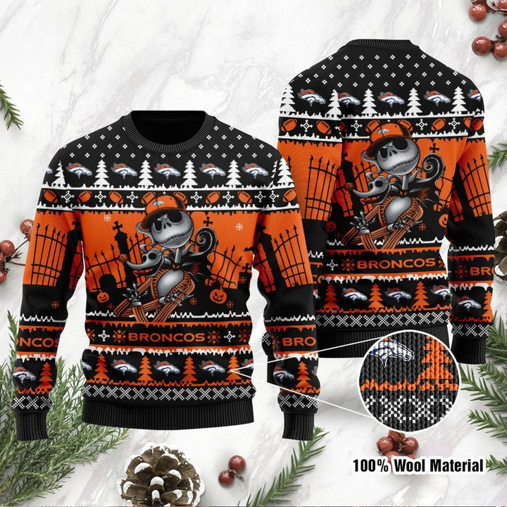 Denver Broncos Jack Skellington Halloween Holiday Party Ugly Christmas Sweater