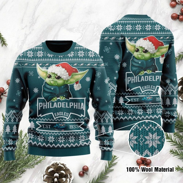 Philadelphia Eagles Cute Baby Yoda Grogu Ugly Christmas Sweater