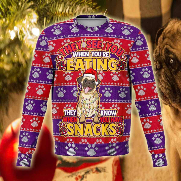 Adorable Pug Snacks 3D Ugly Christmas Sweater