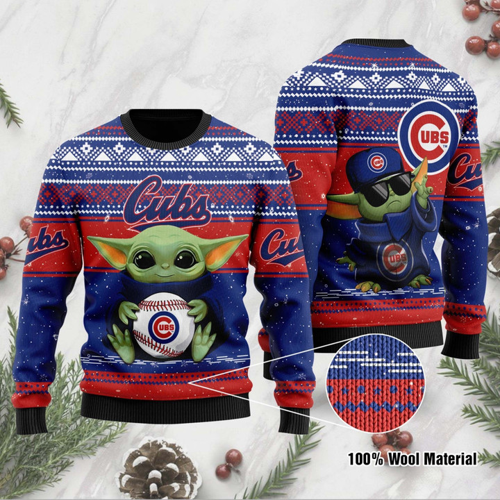 Chicago Cubs Grogu Baby Yoda Hug Logo Ugly Christmas Sweater