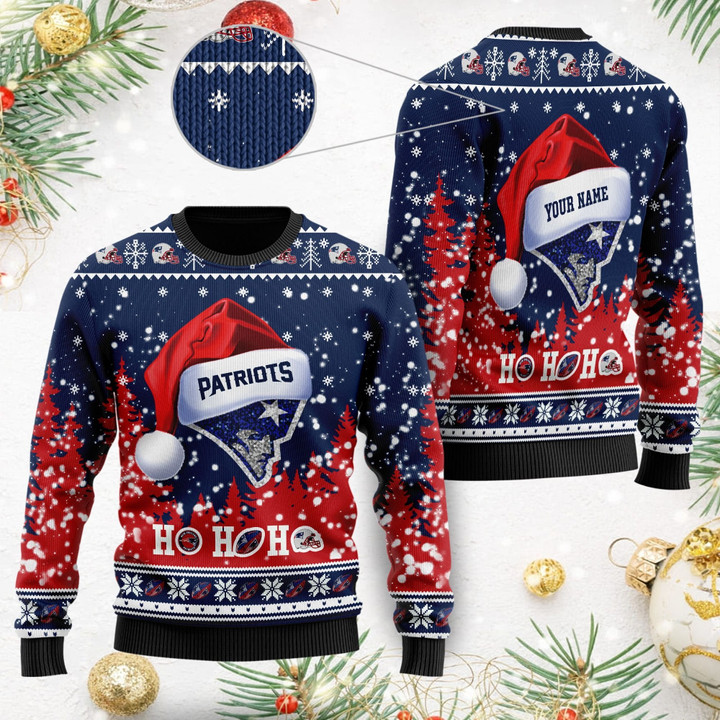 New England Patriots Symbol Wearing Santa Claus Hat Ho Ho Ho Ugly Christmas Sweater