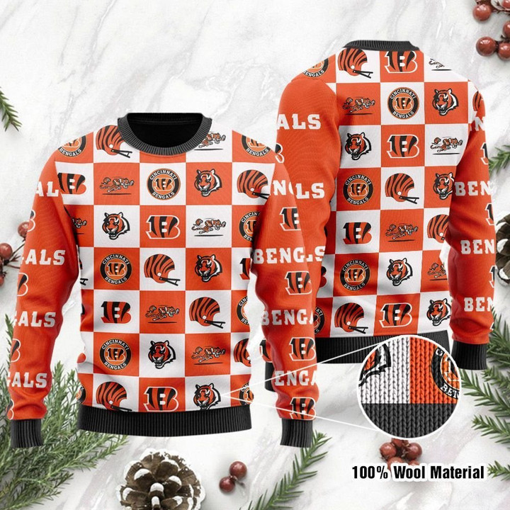 Cincinnati Bengals Logo Checkered Flannel Design Ugly Christmas Sweater