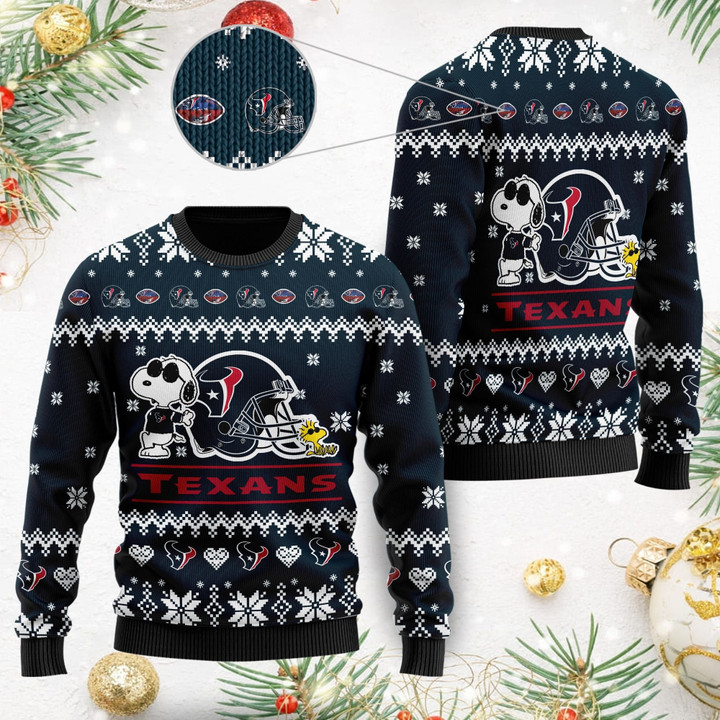 Houston Texans Cute The Snoopy Show Football Helmet 3D Ugly Christmas Sweater