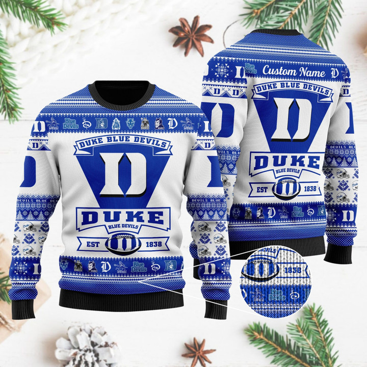 Duke Blue Devils Football Team Logo Custom Name Personalized Ugly Christmas Sweater