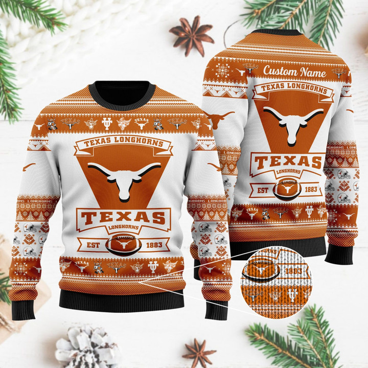 Texas Longhorns Football Team Logo Custom Name Personalized Ugly Christmas Sweater