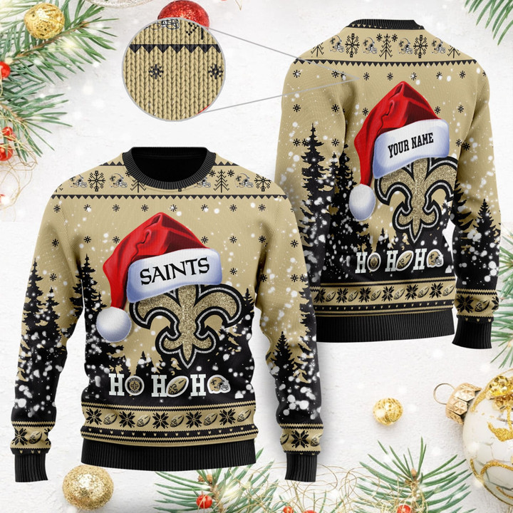 New Orleans Saints Symbol Wearing Santa Claus Hat Ho Ho Ho Personalized Ugly Christmas Sweater