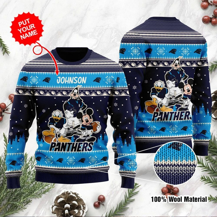 Carolina Panthers Disney Donald Duck Mickey Mouse Goofy Personalized Ugly Christmas Sweater